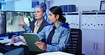 Women, security and tablet with planning by screen for talk, listen and strategy for surveillance. People, computer monitor and alert for danger on application, advice and notes for safety services