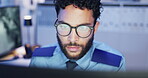 Night, security guard or man with computer or cctv camera in office or late shift for safety or video surveillance. Property footage, digital monitor and person with PC in control room for protection