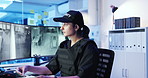 Surveillance, watching and woman with footage, screen and patrol log for observation in control room. Inspection, security guard and person with documents for safety, digital and service with info