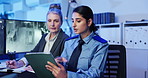 Women, security and tablet with talk by monitor for writing, planning and strategy for surveillance. People, computer screen and alert for danger on application, advice and notes for safety services