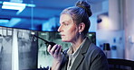 Night, woman or radio in control room for security, protection service or communication for report. Late, mature guard or tech in office for surveillance, contact and building safety update with CCTV