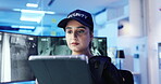 Surveillance, watching and woman with tablet, control room and security guard with tech and observation. Office, law enforcement and person with app for safety, night and serious with info on web