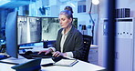 Mature woman, typing and surveillance by computer screen with strategy, notes and review in office. Person, pc and report for safety services with feedback, insight and documents with