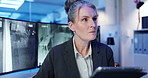 Computer screen, tablet and thinking with woman in CCTV control room for safety or security. Live feed, planning and surveillance with mature government worker at headquarters for law enforcement