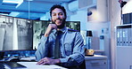 Security guard, face and man with surveillance, screen and service for safety with footage or system. Happy, law enforcement and person with tech for inspection, digital or protection in control room