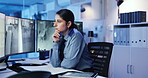 Security guard, watching and woman with footage, office and service for safety with surveillance and system. Serious, law enforcement and person with tech for inspection, screen and control room
