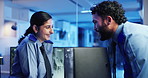 Security guard, team and people talk for cctv joke, laughing and happy together at night. Officer, surveillance and discussion in control room, monitor station and conversation for safety service