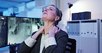 Computer screen, massage and neck pain with woman in surveillance control room for safety or security. CCTV, inflammation or injury and mature government officer at headquarters for law enforcement