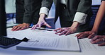 Hands, people and documents with surveillance, planning and teamwork with crime risk. Group, employees and cooperation in workplace, paperwork or brainstorming with feedback for safety policy or talk