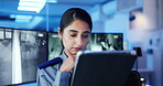 Tablet, security guard or woman with cctv screen in night or late shift for safety or video surveillance. Camera footage, digital monitor and person with technology in control room for protection