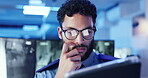 Security guard, surveillance and man with tablet, office and service for safety with footage and app. Night, law enforcement and person with tech for inspection, screen and protection in control room
