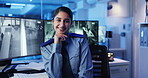 Face, security guard or woman with cctv screen in night or late shift for safety or video surveillance. Camera footage, monitor and confident person with technology in control room for protection