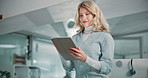 Professional, office and business woman on tablet for research, kpi report and website search. Company consultant, corporate worker and person on digital tech for proposal, seo project and review