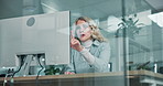 Computer, reading and research with business woman in office for web consultant, online advisor or planning. Digital strategist, design developer and project with employee for creative startup