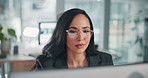 Business, thinking and woman in office, computer and glasses with online reading, ideas and accounting. Person, employee and financial advisor in workplace, pc and eyewear with research for economy