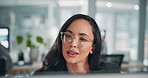 Business, thinking and woman with choice, computer and glasses with online reading, email and accounting. Person, employee and financial advisor with pc, feedback or eyewear with research for economy
