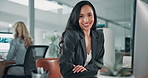 Computer, face and smile with business woman in office for web consultant, online advisor or planning. Digital strategist, design developer and project with employee for creative startup and email
