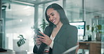 Woman, lawyer and happy with phone at office, texting and notification for sustainability law update. Person, smartphone  and climate advocate with mobile app for eco friendly policy for business