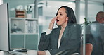 Business, yawning and woman in office, computer and tired with deadline, overworked and budget review. Person, employee and accountant with pc, exhausted and pressure with fatigue, sleepy and burnout