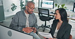 Teamwork, colleagues and people with documents, computer or online for ad campaign in business. Talking, planning and media coordinator with tech for target audience, web or meeting for collaboration