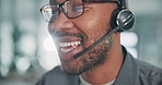 Call center, black man and talking with customer service, smile and headset in office. Telemarketing, male consultant and client support for sales growth, consulting and conversation for business
