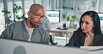 Collaboration, colleagues and help for project, computer and conversation for ad campaign or online. Business, web and media coordinator with tech for target audience, planning and meeting for people