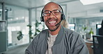 Callcenter, headset and face of man in office for customer service, phone call and smile at help desk. Advisor, agent or virtual assistant in client care, online account support or crm consulting.