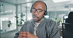 Callcenter, phone call and black man in office for customer service, headset or conversation at help desk. Advisor, agent or virtual assistant in client care, online account support or crm consulting