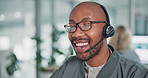 Customer service, business and happy black man in office with headset for talking, online help and consulting. Corporate, professional and person for communication, crm support and virtual assistant