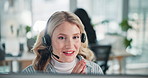 Woman, headset and talking with smile at office with tech support, listen or advice for eco friendly business. Person, headphones and mic with discussion, review or happy at climate consulting agency