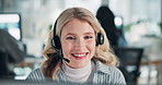 Woman, headset and happy with talking at office with tech support, listen or advice for eco friendly business. Person, headphones and mic with discussion, review or smile at climate consulting agency