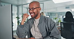 Computer, fist pump and success with business black man at desk in office for achievement or deal. Bonus, target and winner with excited employee in workplace for celebration of milestone goals