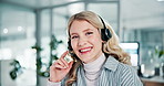 Woman, headset and happy with face at office with tech support, listen or advice for eco friendly business. Person, headphones and mic with discussion, review or smile at climate consulting agency