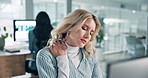 Business woman, computer and neck pain with stress for deadline, pressure or muscle tension at office. Frustrated person, consultant or employee with injury, sore ache or inflammation for fatigue