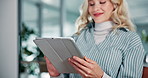 Computer, office and business woman on tablet for research, kpi report and website search. Company consultant, professional worker and person on digital tech for proposal, seo project and review