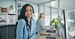 Callcenter, headset and face of woman in office for customer service, phone call and smile at help desk. Advisor, agent or virtual assistant in client care, online account support or crm consulting.