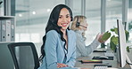 Call centre, face and woman with headset, smile and confident for customer care, online and business. Telemarketing, representative and person with tech for consultation, happy and employee in office