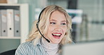 Customer service, happy and woman on computer talking with headset for contact, online help and consulting. Corporate, professional and person for communication, crm support and virtual assistance