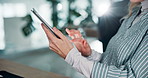 Tablet, hands and businesswoman in office for research on creative project for magazine agency. Digital technology, scrolling and female editor checking online feedback or review in workplace.