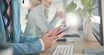 Browsing, hands and employee with smartphone, office and networking with contact, online and social media. Closeup, texting and person with mobile for communication, typing and tech in business