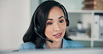 Customer service, office and Asian woman on computer with headset for talking, online help and consulting. Corporate communication, business and person for contact, crm support and virtual assistant