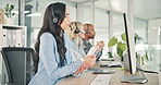 Business, employee and woman with wrist pain, injury and representative with muscle tension or strain. Computer, agent and person with headset in call centre, health or worker with accident in office