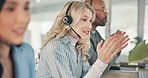 Call centre, telemarketing and woman with headset, smile and confident for customer care and business. Talking, agent and person with tech for consultation, app or communication for service in office