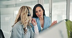 Call center, women and teamwork with customer service, manager discussion and headset in office. Telemarketing, training and client support for sales advice, consulting and conversation with woman