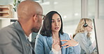 Call center, man and teamwork with customer service, manager discussion and headset in office. Telemarketing, training and client support for sales advice, consulting and conversation with woman