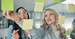 Planning, board and team of business people in office with research for creative project at agency. Collaboration, writing and group of editors working on magazine with strategy in workplace.