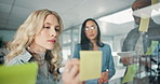 Planning, board and group of business people in office with research for creative project at agency. Collaboration, writing and team of editors working on magazine with strategy in workplace.