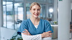 Face, happy woman and nurse with arms crossed for healthcare, portrait or wellness career. Smile, physician or medical professional, confident surgeon and medicine worker or employee in clinic in USA
