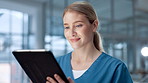 Medical, tablet and woman with nurse in hospital for review of information or records. Healthcare, insurance and telehealth with happy medicine professional in clinic for diagnosis or results