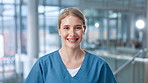 Face, happy woman and nurse in hospital for healthcare, portrait or wellness career. Smile, physician and medical professional, confident surgeon and medicine worker or employee in clinic in USA